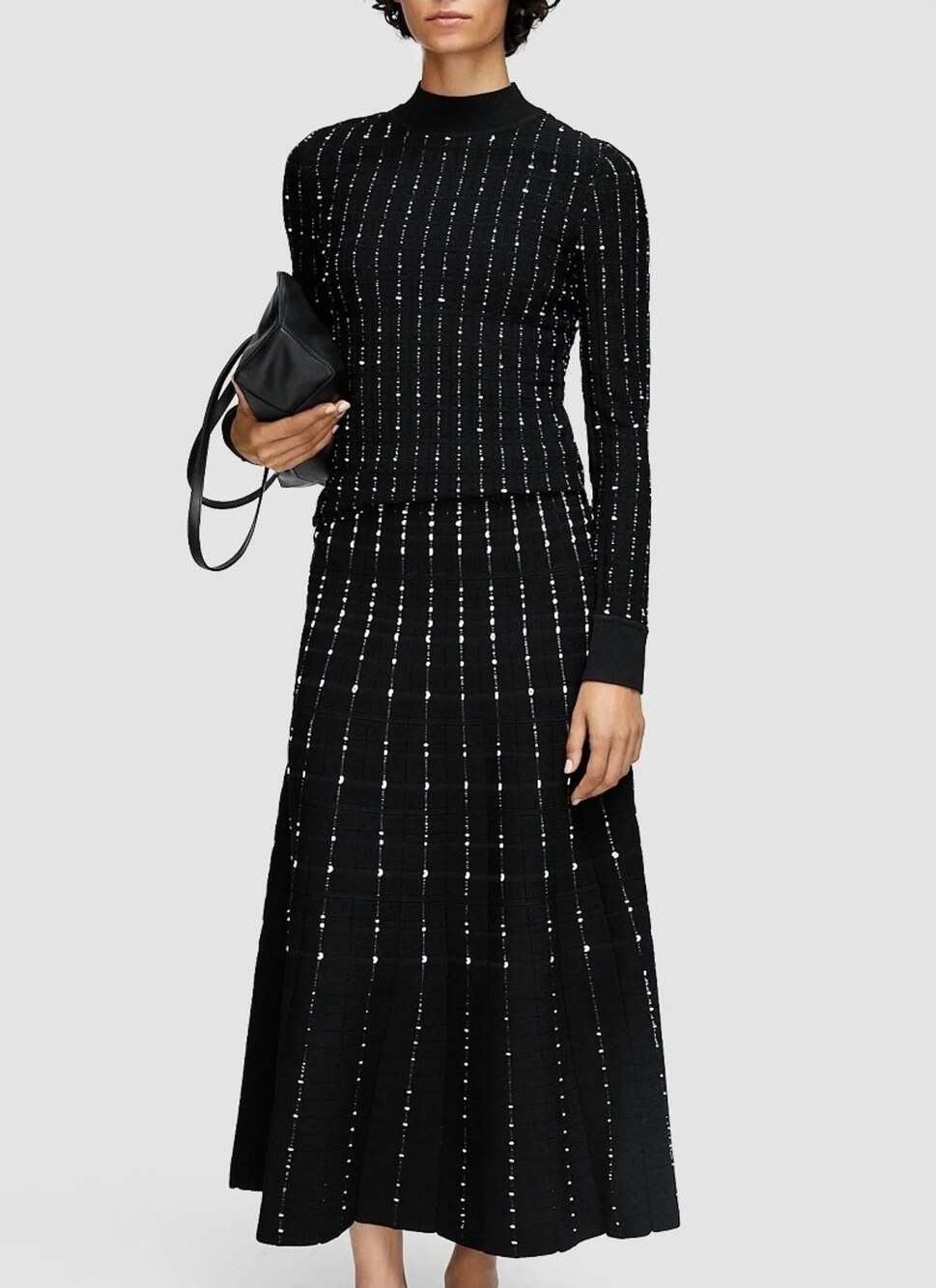 $785 JOSEPH Black Fragmented Stripe Short-Sleeve Stretch-Knit Midi ALine Dress S